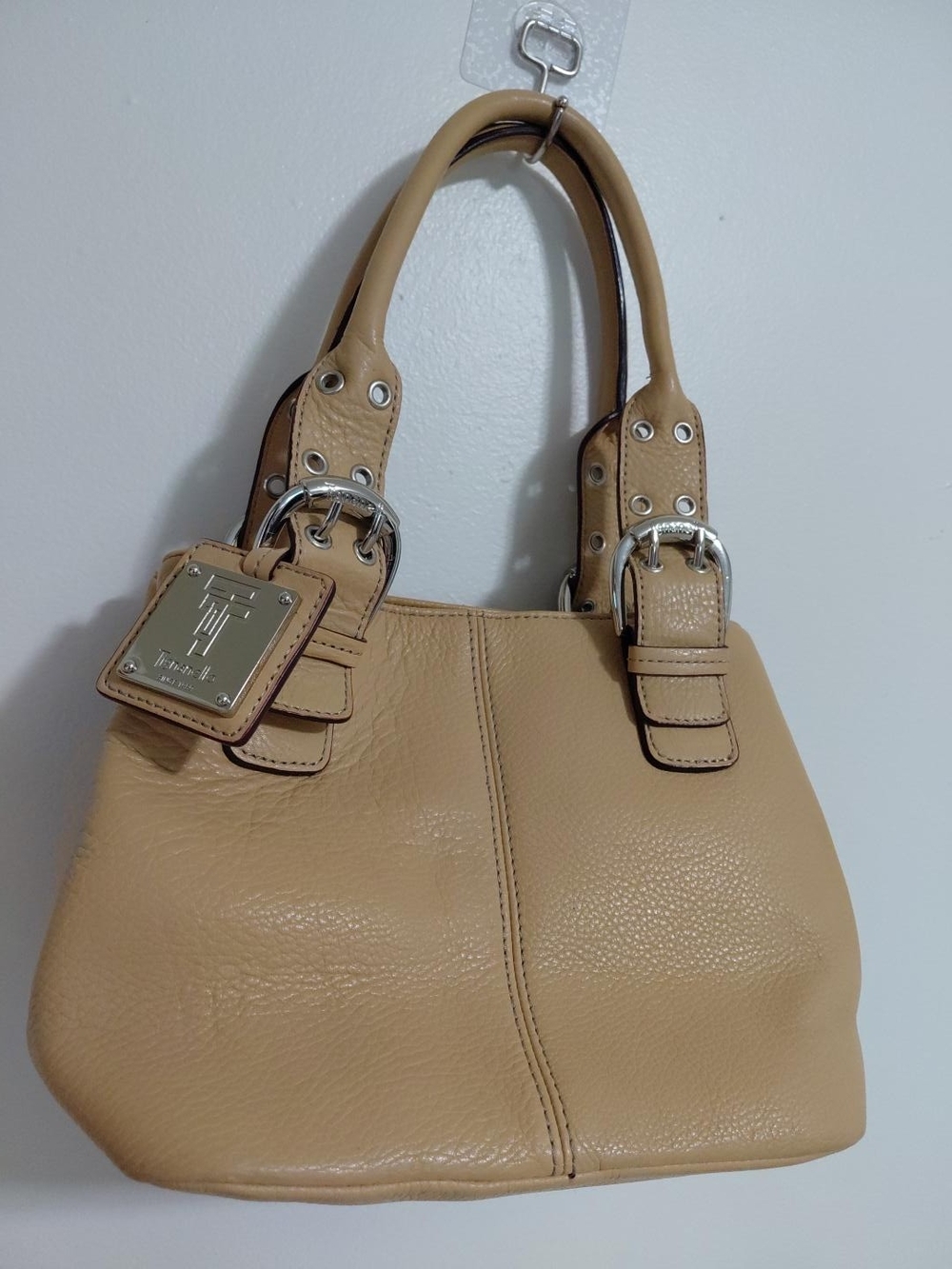 Tignanello Beige Pebbled Leather Shoulder Bag with Silver Hardware